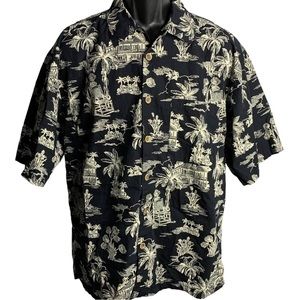 OP Ocean Pacific Sport Black Hawaiian Tiki Hut Aloha Camp Lounge Shirt L